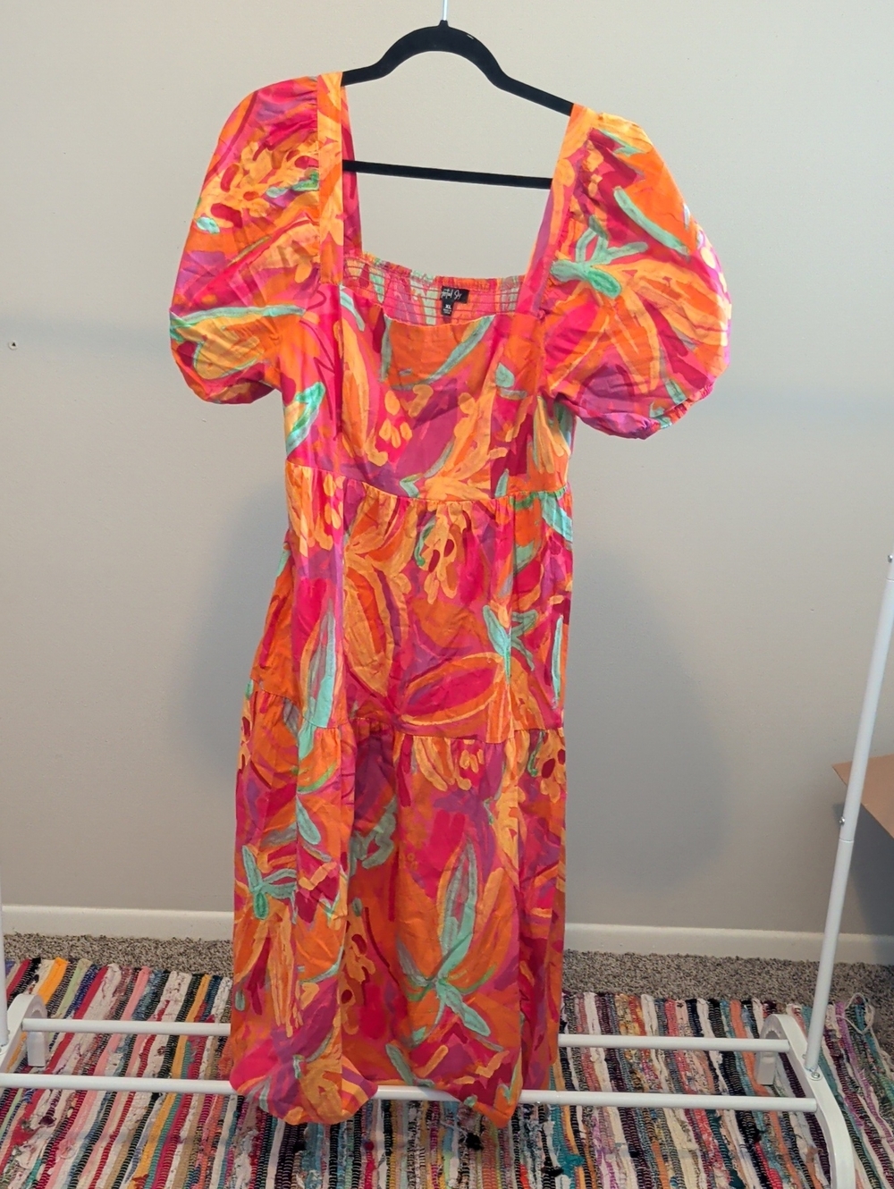 Bright Floral Puff-Sleeve Midi Dress in Pink & Orange -Tea Party - Wedding Guest